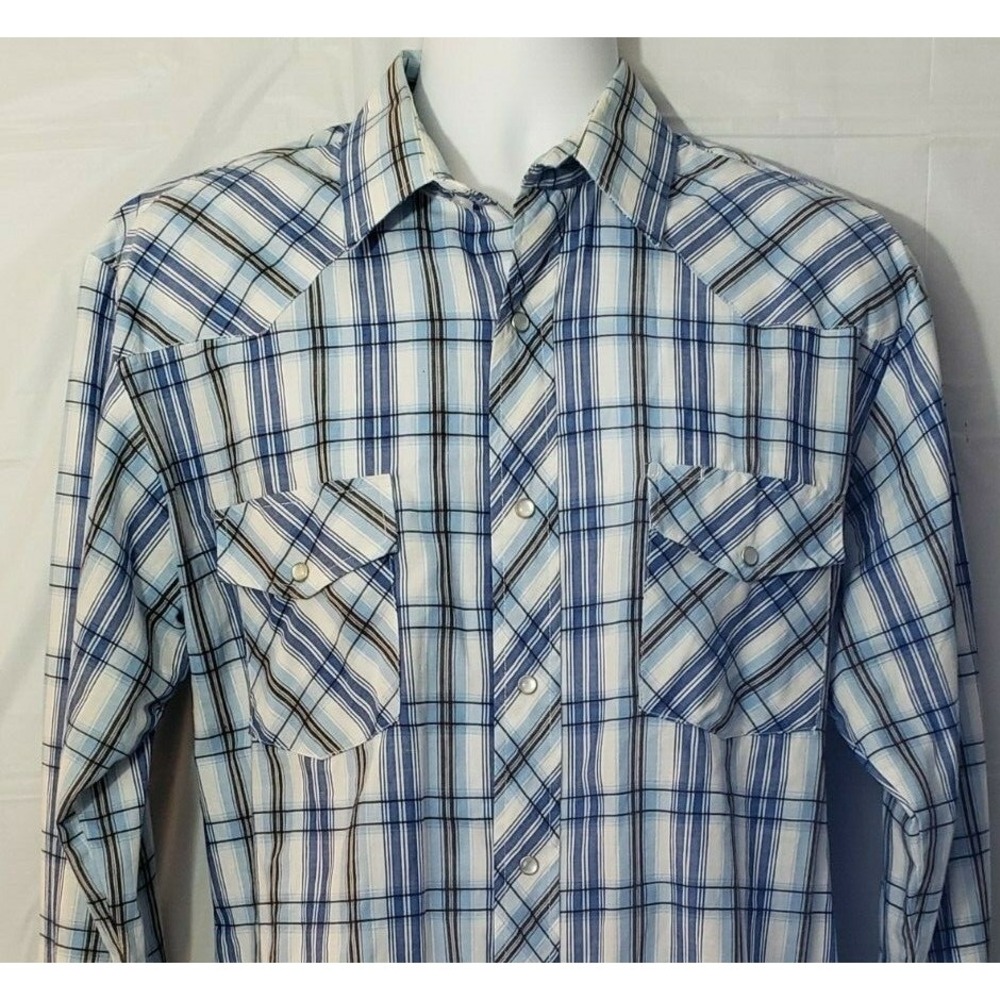Roper Pearl Snap Western Shirt Mens Large Blue Plaid Long Sleeve Regular Fit